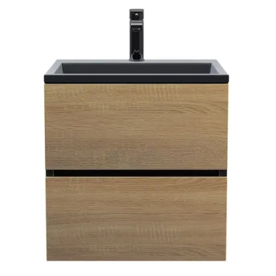 Тумба с раковиной Uperwood Barsa 60 см, раковина черная глянцевая, подвесная тумба черная/дуб сонома
