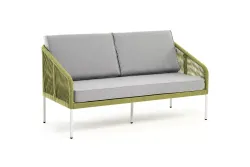 "Канны" диван 2-местный плетеный из роупа, каркас алюминий светло-серый (RAL7035) муар, роуп салатовый меланж круглый, ткань светло-серая