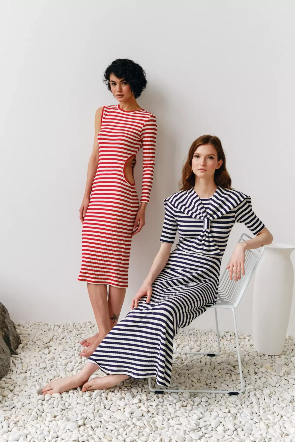 Платье макси с морским воротником в полоску