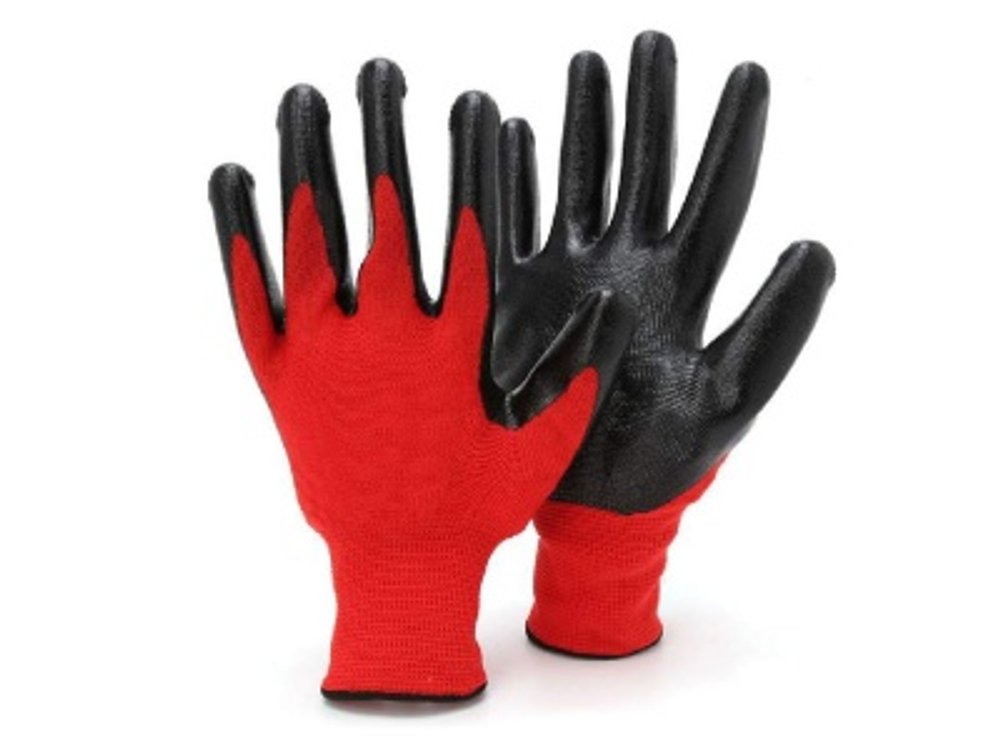 Перчатки нейлоновые Красные с черным латексным покрытием (уп-12шт)