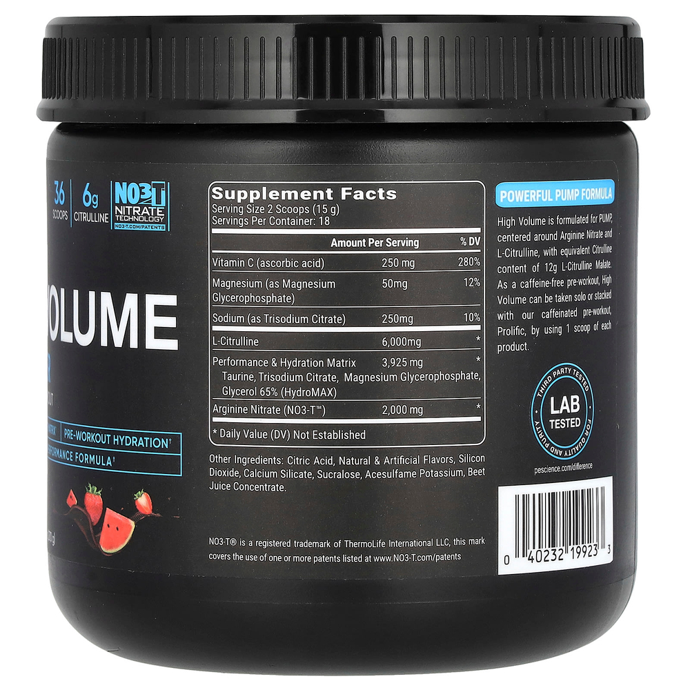 PEScience, High Volume, порошок для помпы, без кофеина, дыня и ягоды, 270 г (9,5 унции)