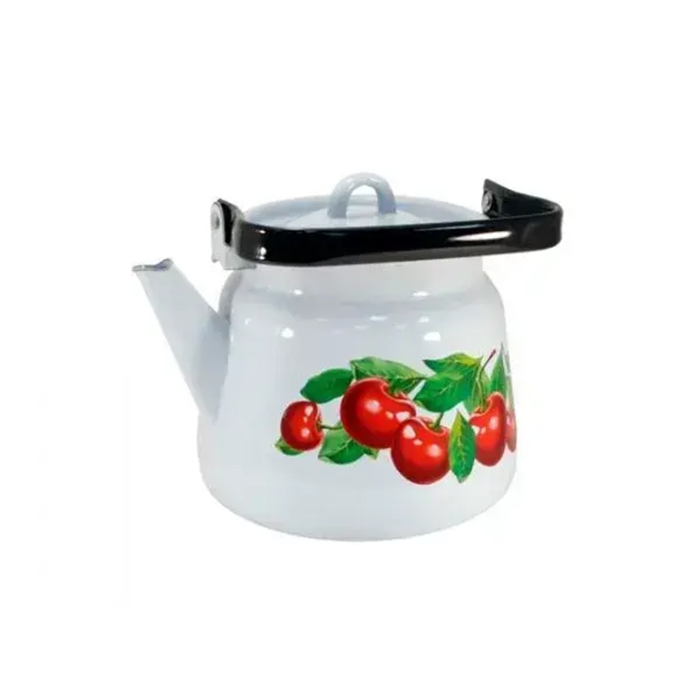 Чайник эмалированный 3,5л с рисунком, Вишневый сад, белый с петлей