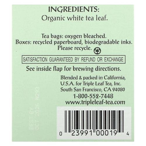 Triple Leaf Tea, белый чай, 20 чайных пакетиков, 38 г (1,34 унции)