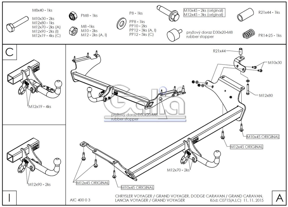 Фаркоп оцинкованный Galia C071A для Chrysler Grand Voyager 2008-, Dodge Caravan 2008-(паспорт и сертификат в комплекте)(без электрики)