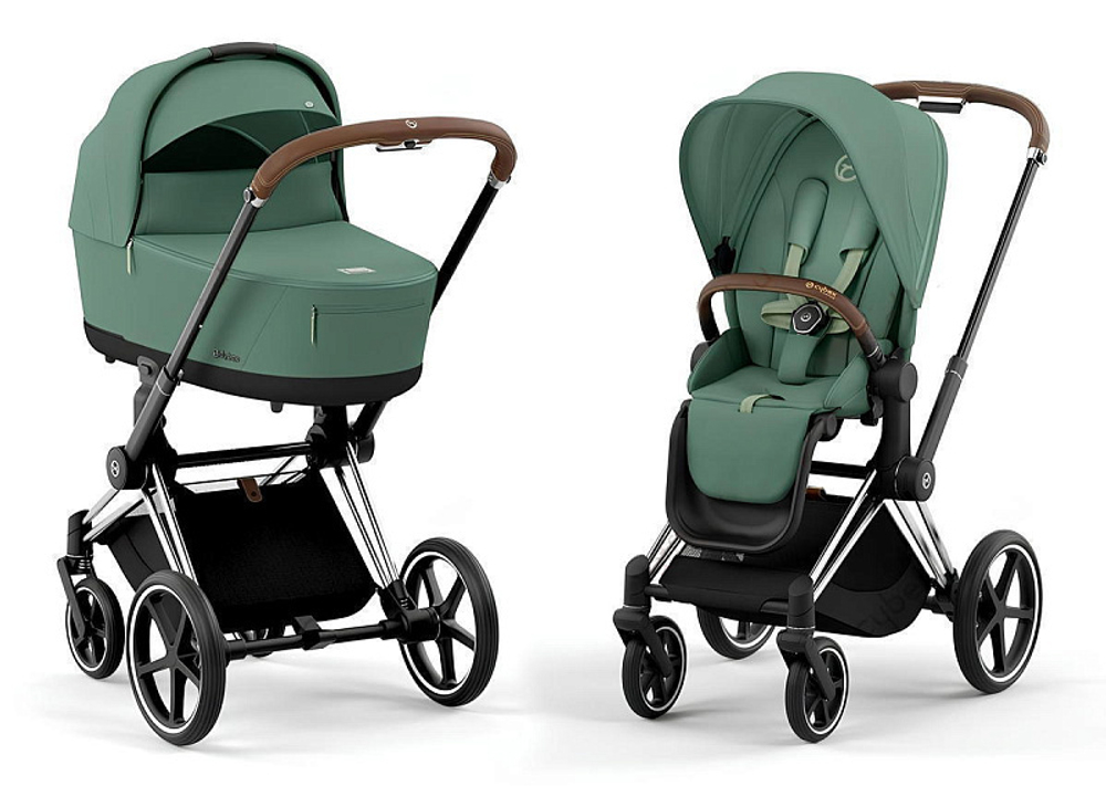 Коляска 3 в 1 Cybex Priam IV Chrome Brown complete и автокресло Aton S2 i-Size Ocean Blue Leaf Green