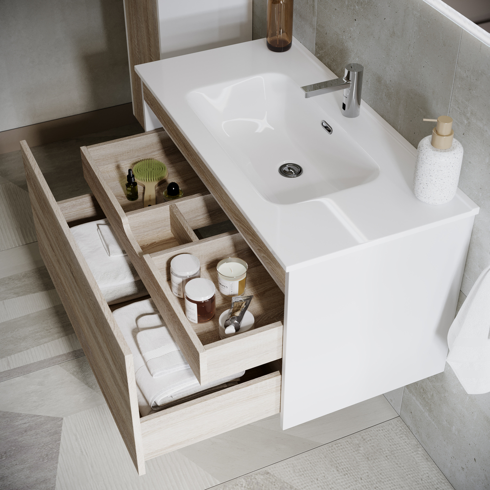 Тумба подвесная под раковину Sancos Smart, дуб бардолино/белый 590х450х500