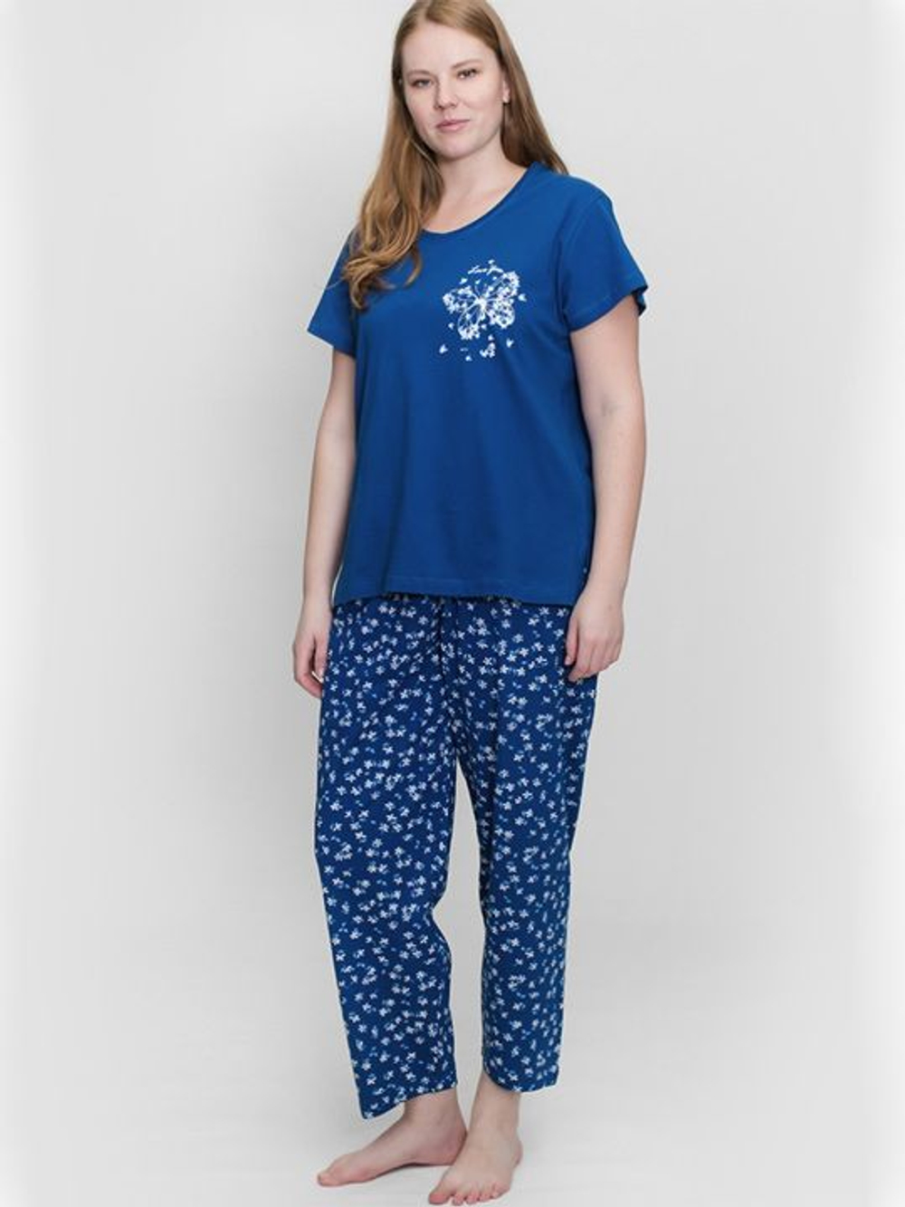 Свободный пижамный комплект с бабочками (Размер: XXXL) (Цвет: темно-синий)