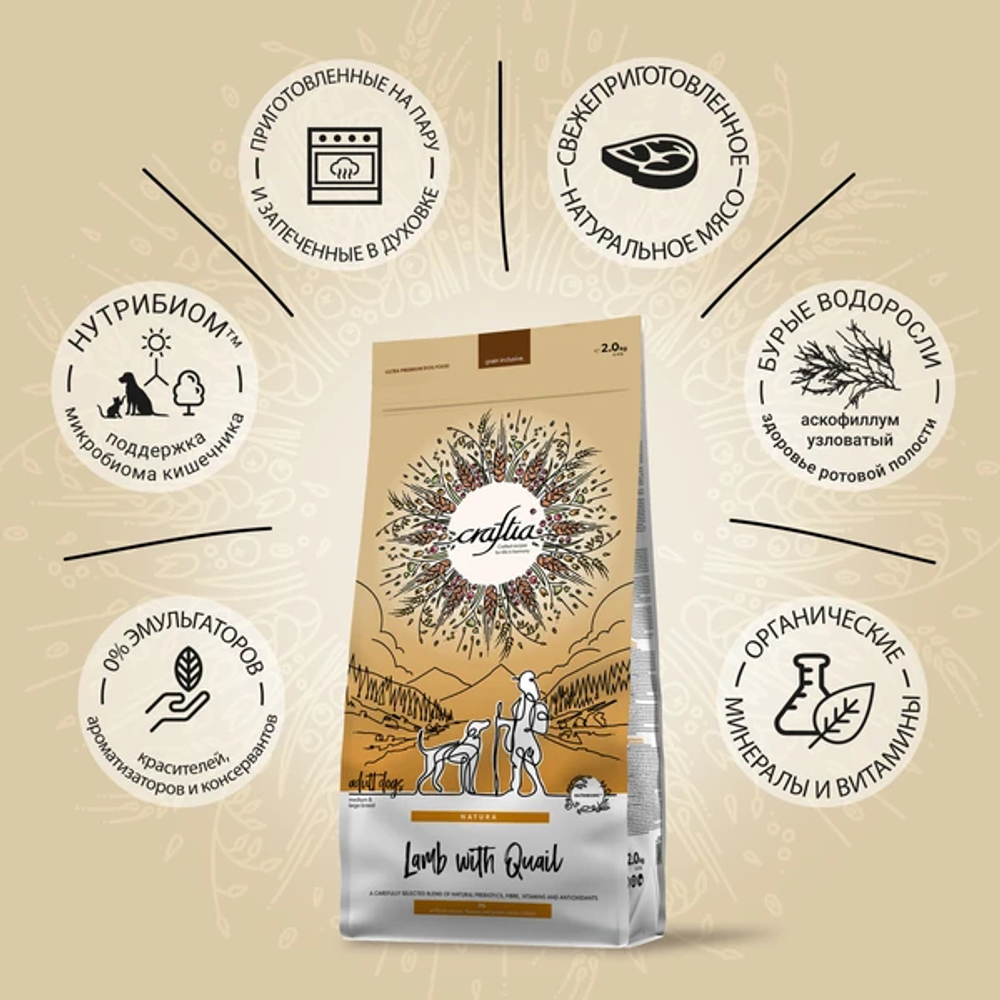 Сухой корм CRAFTIA NATURA для взрослых собак средних и крупных пород из ягненка с перепелкой