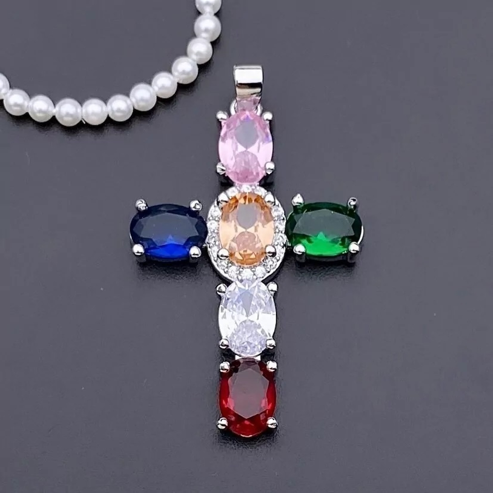 кцф3019-р Подвеска "Крест" с цветными фианитами 30*19мм, родий