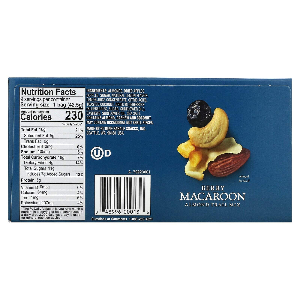 Sahale Snacks, смесь миндаля, орехов и сухофруктов, ягодный макарун, 9 пакетиков по 42,5 г (1,5 унции)