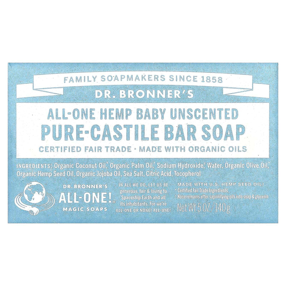 Dr. Bronner's, Pure-кастильское кусковое мыло, универсальное конопляное мыло для детей, без запаха, 1 шт., 140 г (5 унций)
