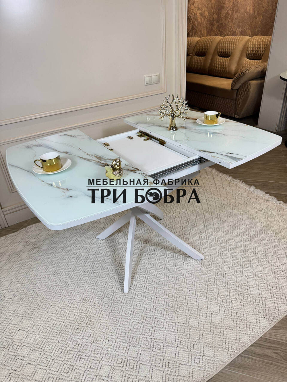 Кухонный раздвижной стол "Танго", белый мрамор