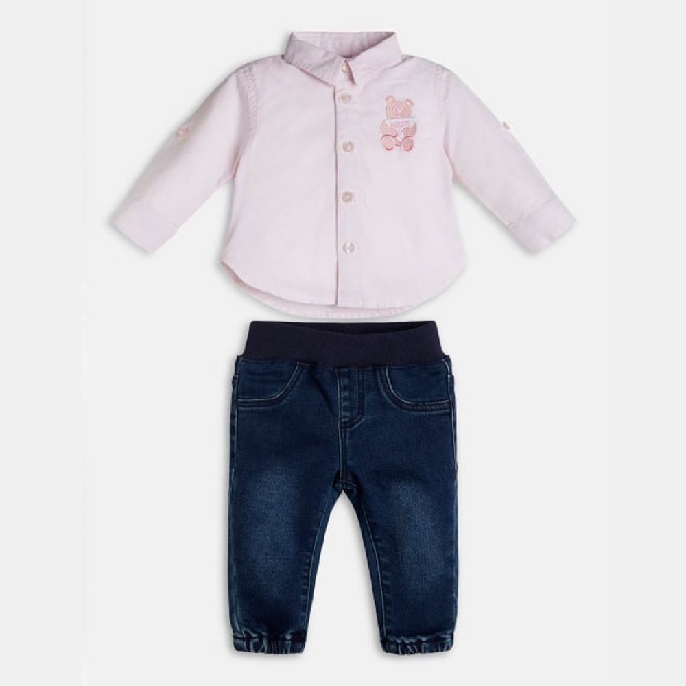 Рубашка с длинным рукавом+брюки джинсовые GUESS Нежно-розовый/Вышивка: мишка//Синий/Выбеленный/Вышивка: мишка Мальчик
