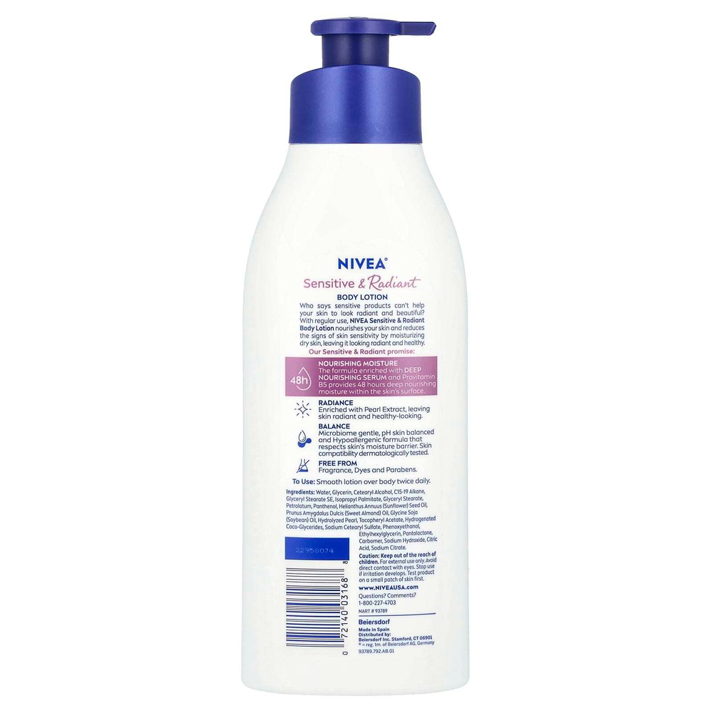 Nivea, Лосьон для чувствительного и сияющего тела, без отдушек, 500 мл (16,9 жидк. унц.)