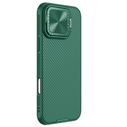 Чехол зеленого цвета (Dark Green) с металлической откидной крышкой для камеры от Nillkin на iPhone 16 Pro Max, серия CamShield Prop Case