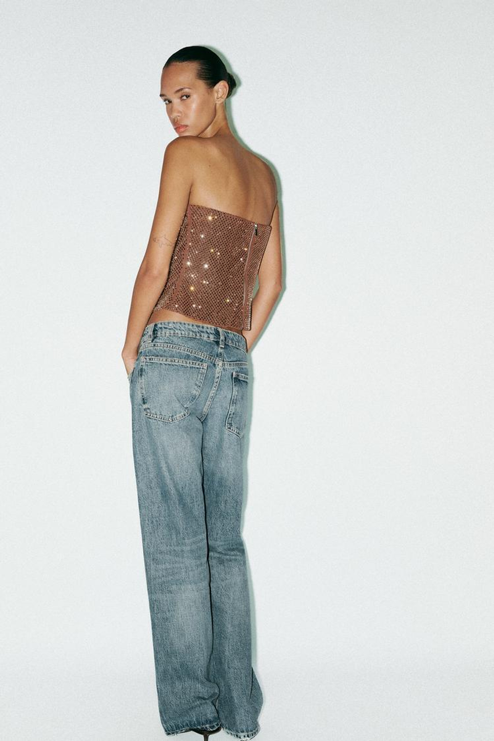 ZARA ТОП СО СБОРКАМИ И СТРАЗАМИ, БРОНЗОВЫЙ