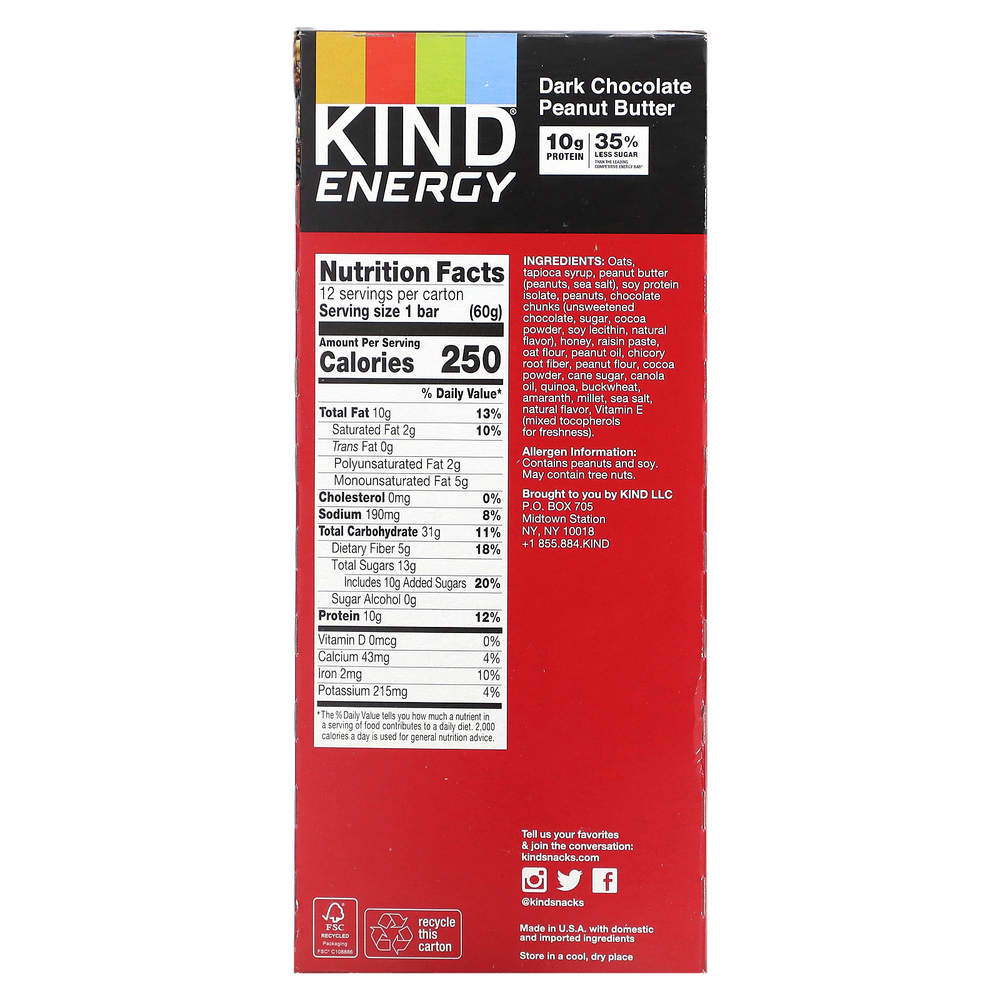 KIND Bars, Energy, арахисовая паста из темного шоколада, 12 батончиков, 60 г (2,1 унции)