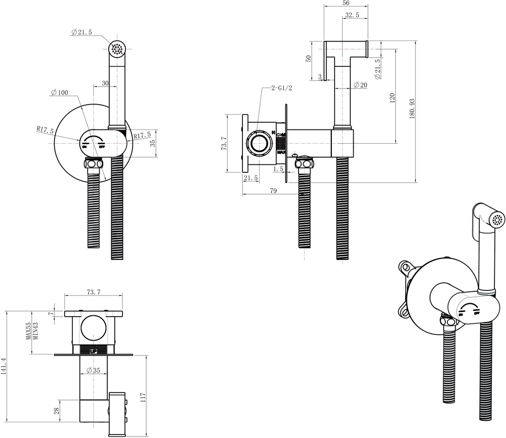 Гигиенический душ STWORKI Вестерос S26150GB со смесителем, С ВНУТРЕННЕЙ ЧАСТЬЮ, вороненая сталь