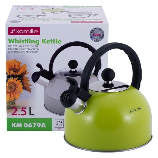 Чайник 2,5 л из нержавеющей стали со свистком Kamille KM-0679 и черной бакелитовой ручкой