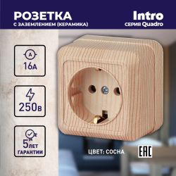 Розетка Intro Quadro 2-202-11 с заземлением 2P+E Schuko, 16А-250В, IP20, ОУ, сосна