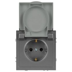 Розетка ЭРА Galaxy 15-2103-06 c заземлением 2P+E Schuko со шторками с крышкой 16А-250В IP20 графит | Эра Galaxy