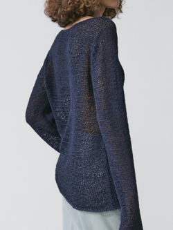 Massimo Dutti Трикотажный свитер из смесового хлопка с вырезом «лодочка», темно-синий