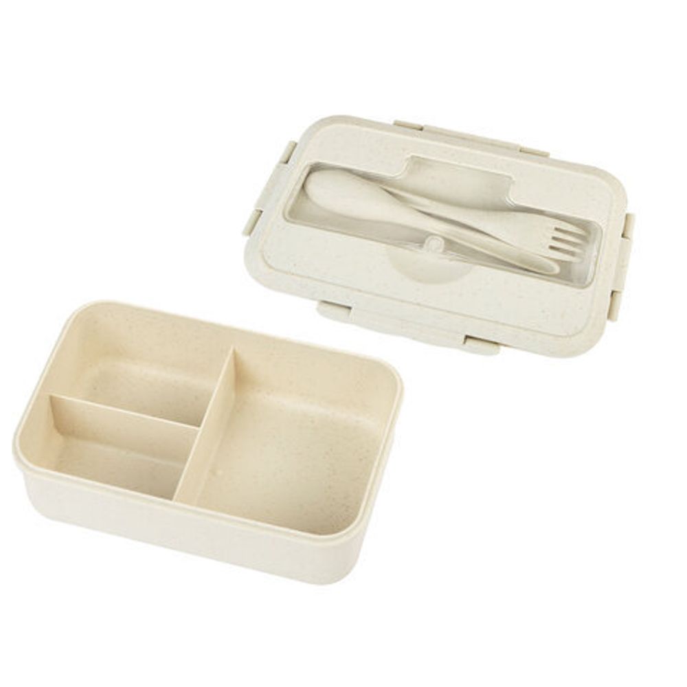 Ланч-бокс контейнер, 1 секция, 3 отделения, 1,4 л, ложка, вилка, 8х21х14 см, бежевый, JOYLUX (ДЖОЙЛЮКС) ECO, 609346