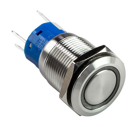 Переключатель кнопочный с фиксацией, подсветка синяя, 12В