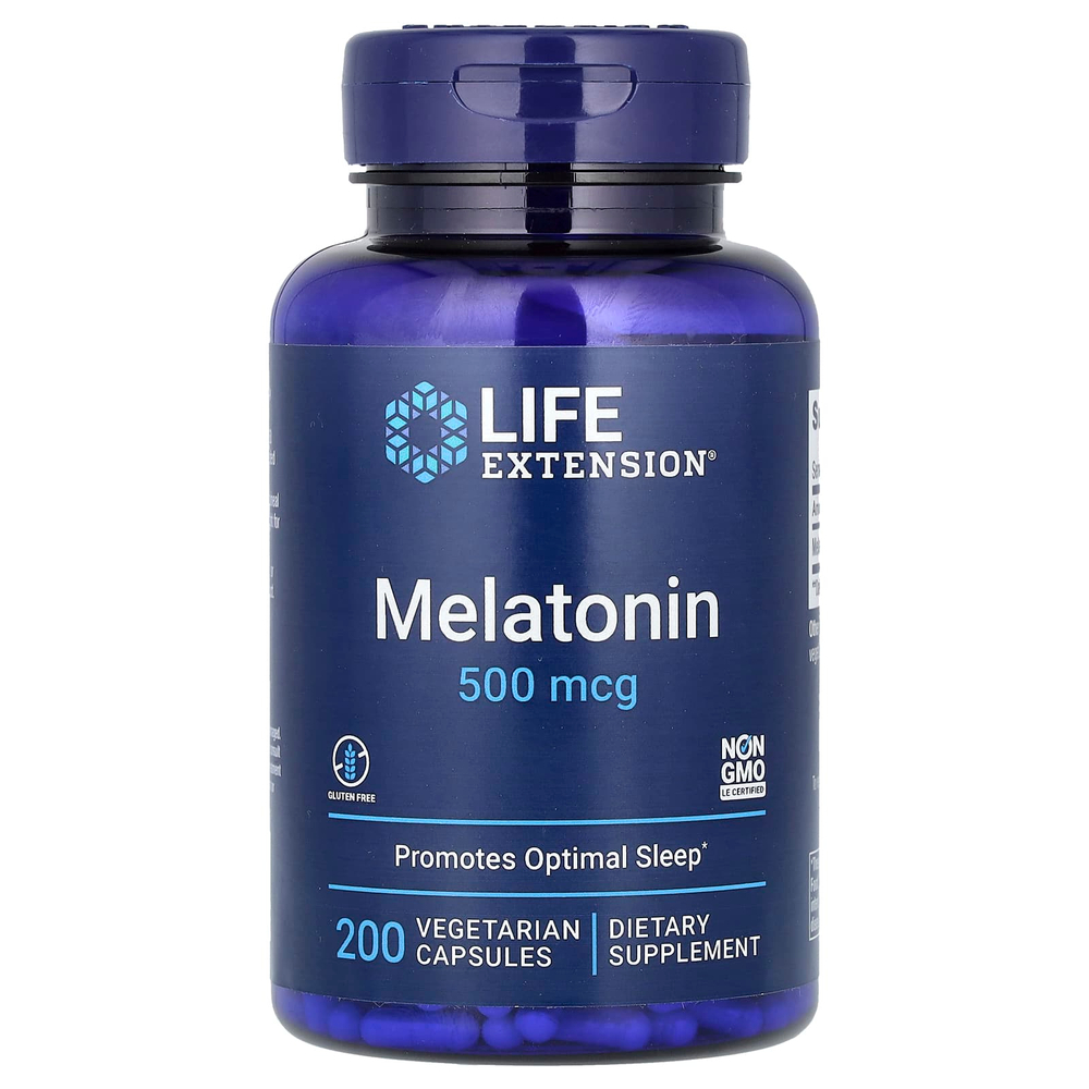 Life Extension, Мелатонин, 500 мкг, 200 вегетарианских капсул