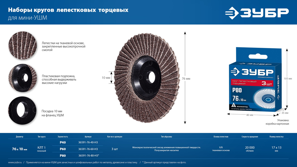 ЗУБР 76 х 10 мм, P40, 3 шт., КЛТ для мини-УШМ, Профессионал (36591-76-40-H3)