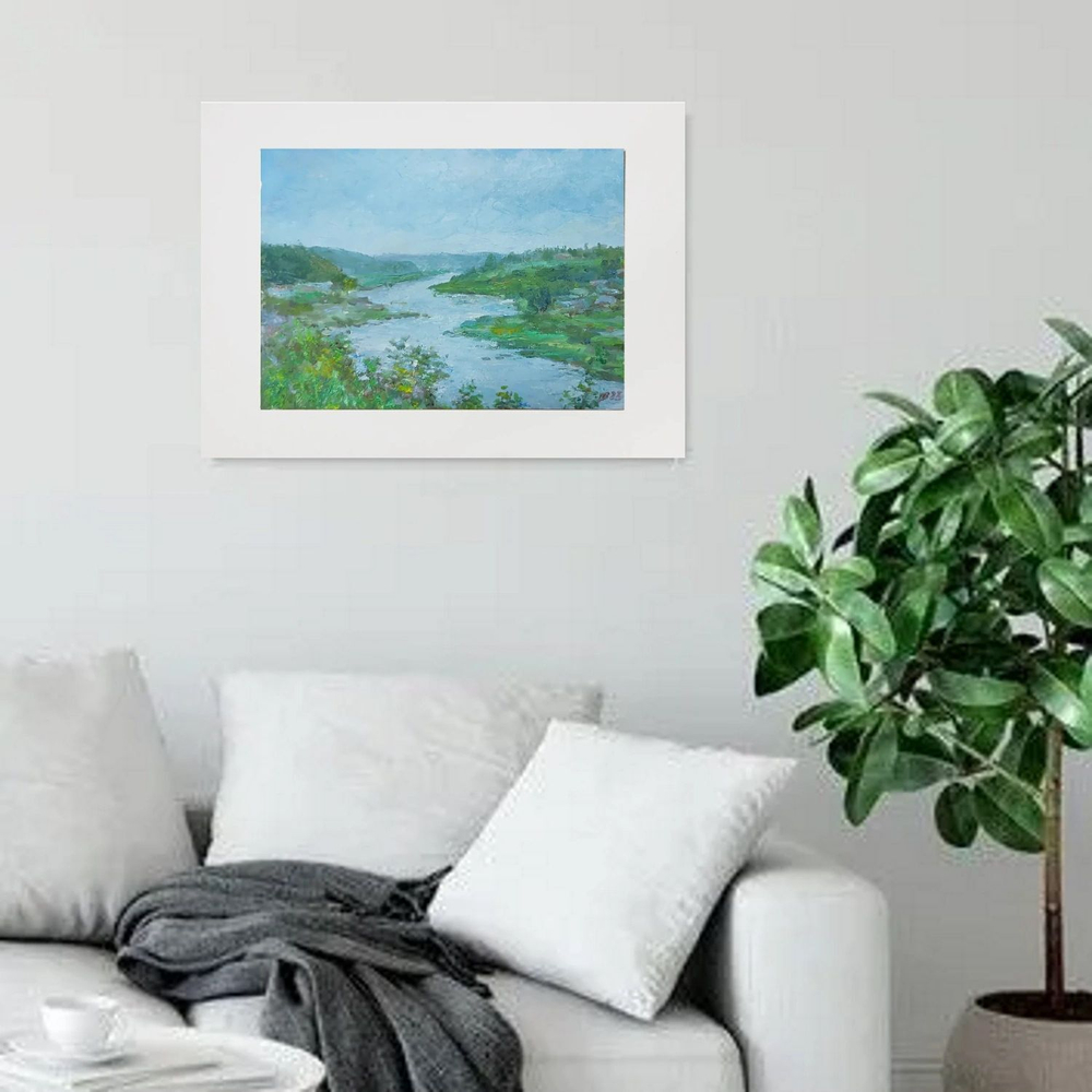 Картина авторская маслом на бумаге в паспарту 30х40 см на стену для интерьера "Вид на Волгу с отвесного берега г.Старицы"