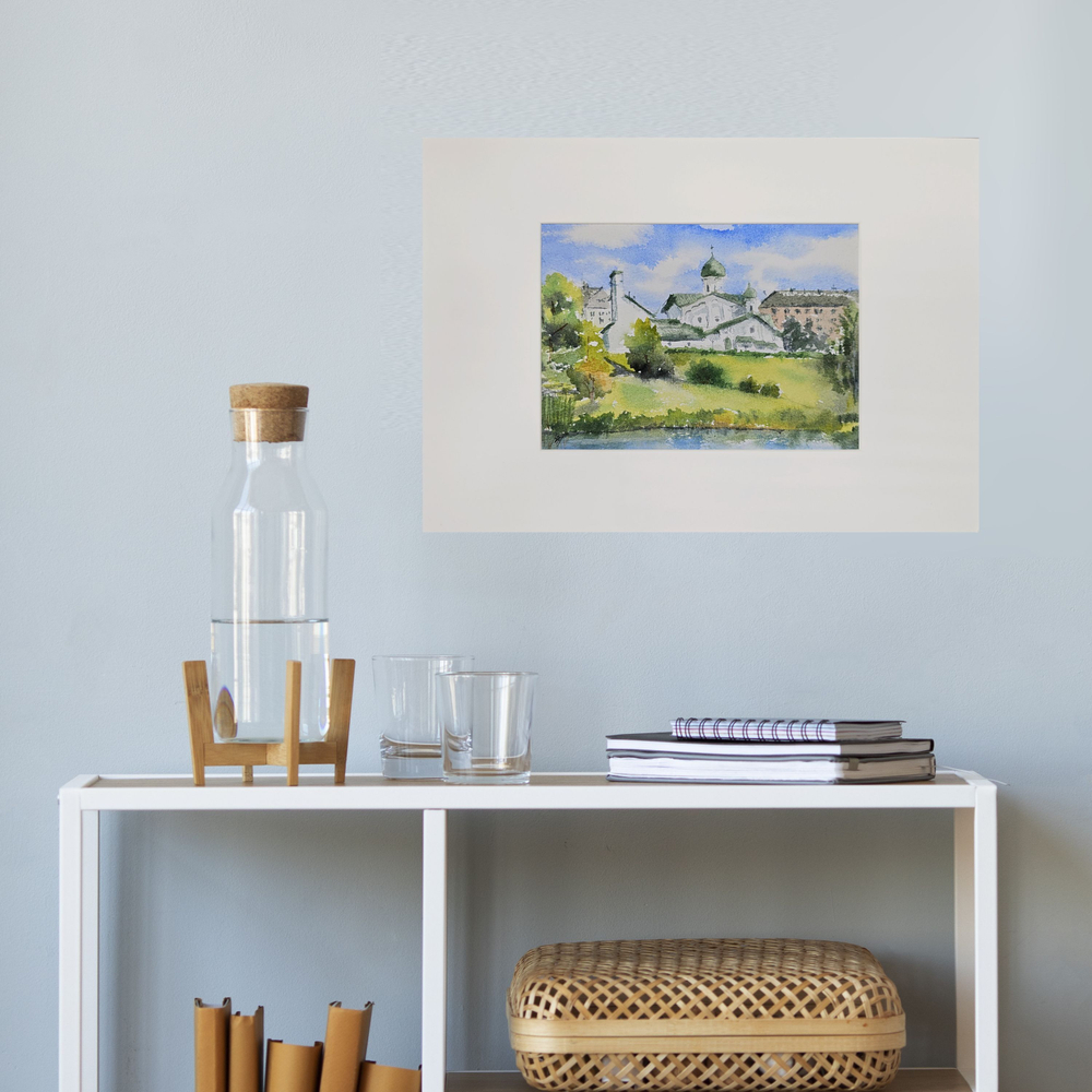 Картина авторская акварельная в паспарту 21х30 см на стену для интерьера "Богоявленская церковь Пскова"