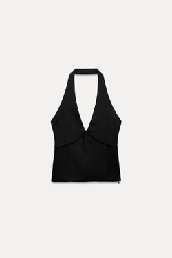 ZARA ТОП С ГОРЛОВИНОЙ ХАЛТЕР И СБОРКОЙ, ЧЕРНЫЙ