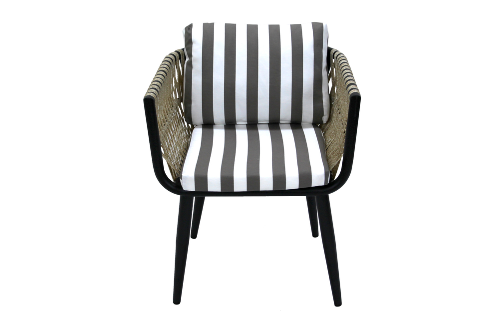 Кресло к набору Монте-Карло арт.MK-MT005-2024  (каркас черный, ротанг жемчуг, ткань ПОЛОСКА) (В)