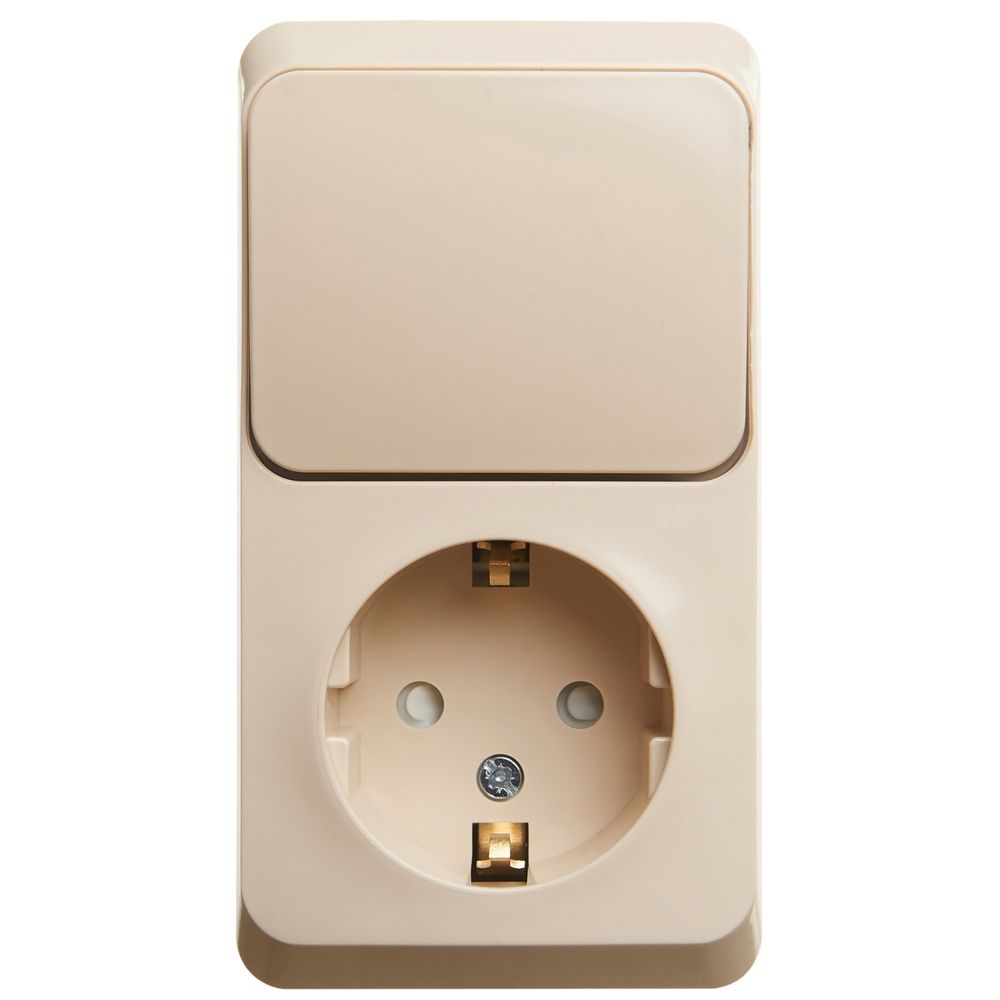 Schneider Electric ЭТЮД Крем Блок: Розетка с заземляющими контактами со шторками + выключатель 1-клавишный, открытая установка BPA16-201K
