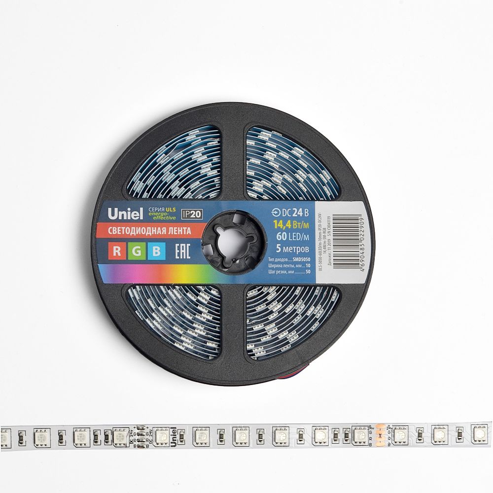ULS-5050-60LED-m-10mm-IP20-DC24V-14.4W-m-5M-RGB Гибкая светодиодная лента UNIEL на самоклеящейся основе. Упаковка катушка 5 м. в герметичной упаковке. IP20. Угол излучения 120 . Мультиколор.