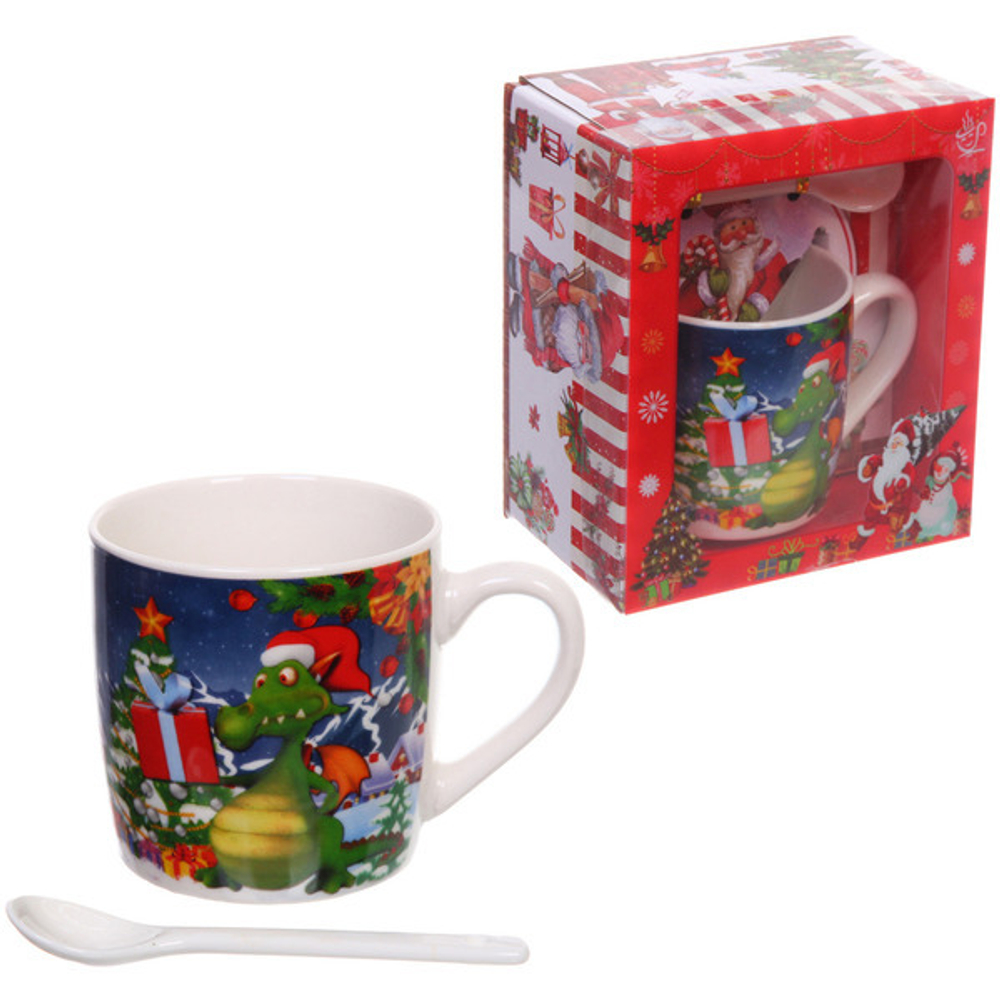 Кружка керамическая 200мл «Дракончик с подарком» с ложкой в подарочной коробке