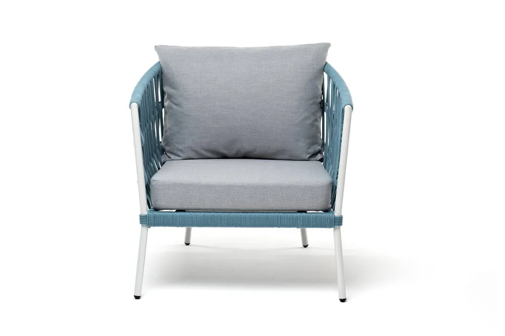 "Диего" кресло плетеное из роупа, каркас алюминий светло-серый (RAL7035) муар, роуп бирюзовый круглый, ткань светло-серая