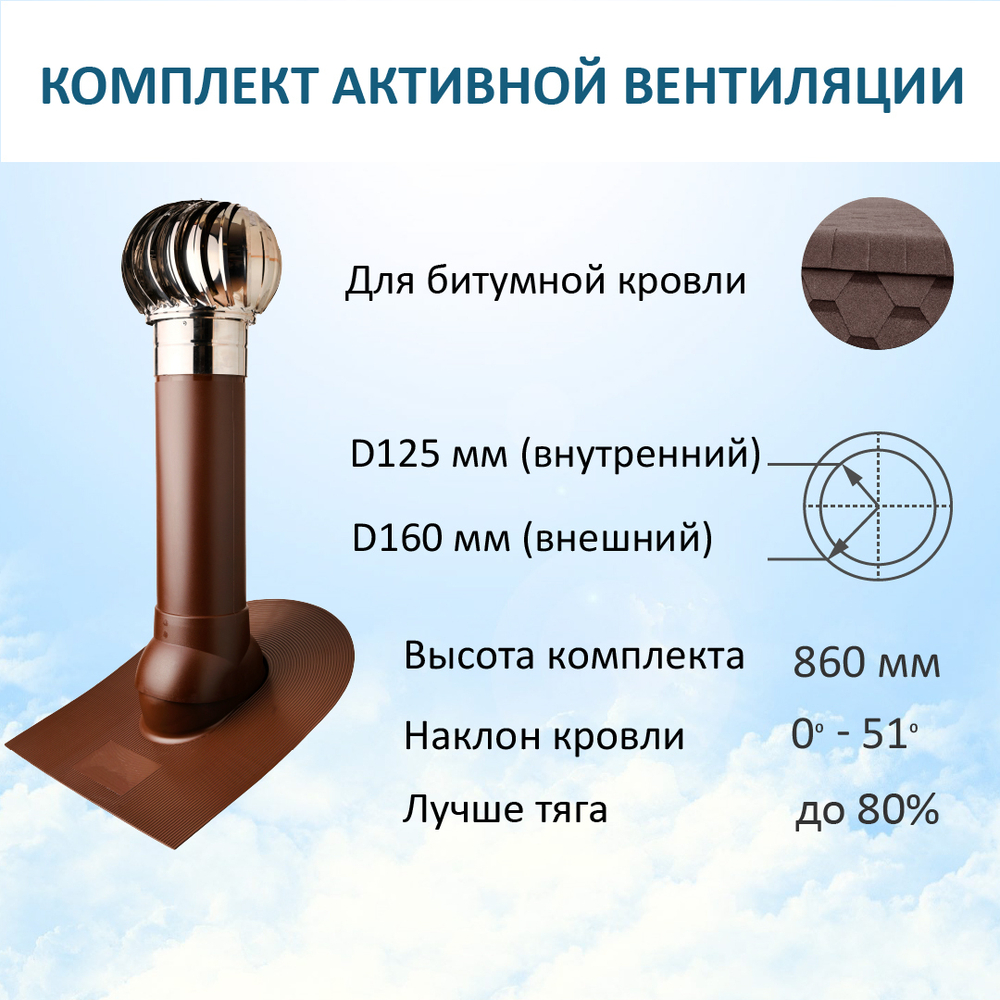 Турбодефлектор TD160 НСТ, вент. выход утепленный высотой Н-700, проходной элемент для битумной кровли, коричневый