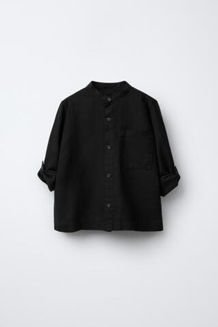 ZARA ЛЬНЯНАЯ РУБАШКА С ВОРОТНИКОМ-СТОЙКОЙ, ЧЕРНЫЙ