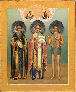 Икона три святителя: Онуфрий Великий, Иоанникий Великий, Николай Чудотворец Мирликийский на дереве на левкасе
