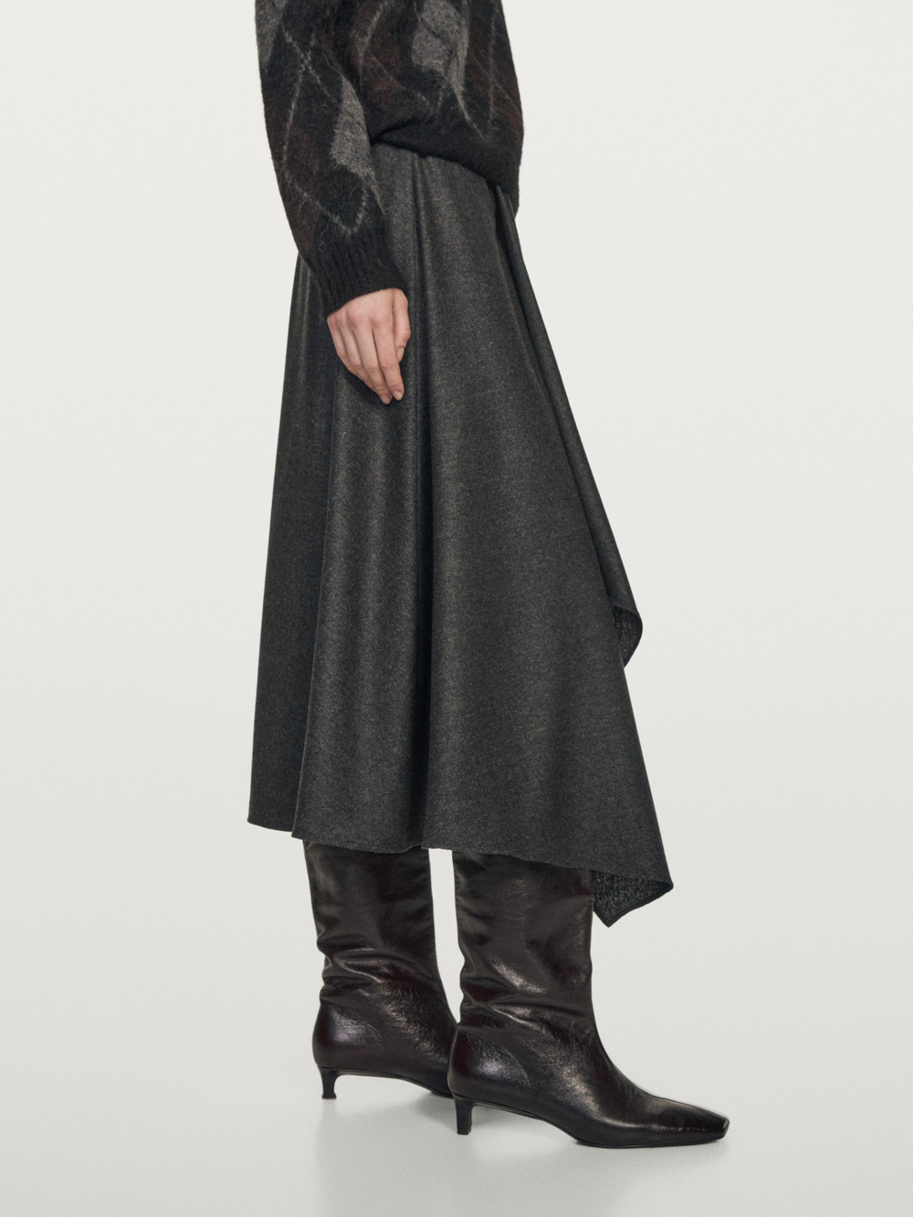 Massimo Dutti Расклешенная юбка миди из смесовой шерсти со складками, серый