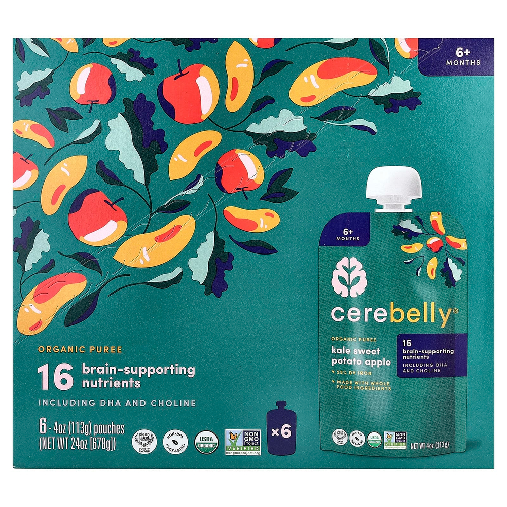 Cerebelly, органическое пюре, для детей от 6 месяцев, кудрявая капуста, батат и яблоко, 6 пакетиков по 113 г (4 унции)