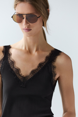 Massimo Dutti Топ на бретелях с кружевной отделкой, черный