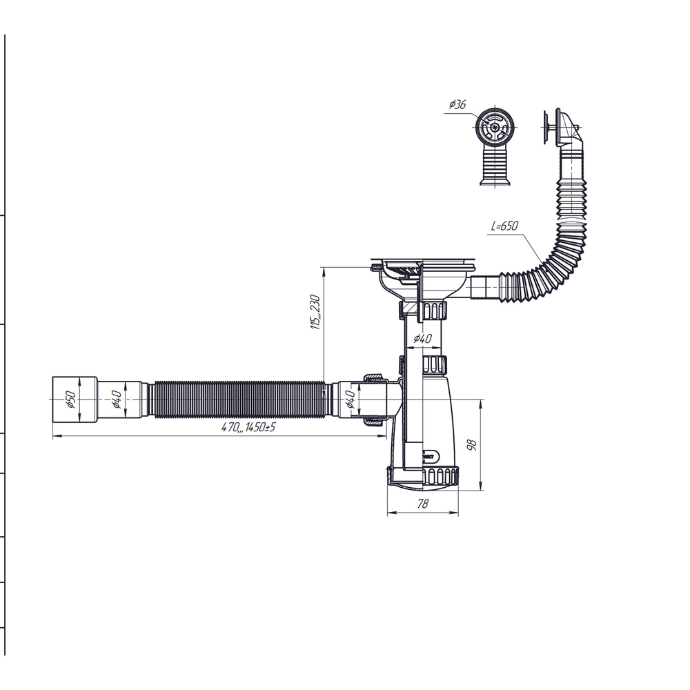Сифон 3 1/2*40 с круглым переливом, с гофрой 40*40*50 (1450мм) BKG30145 ИНКОПЛАСТ