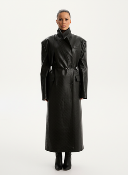 Тренч с карабином кожаный, цвет черный