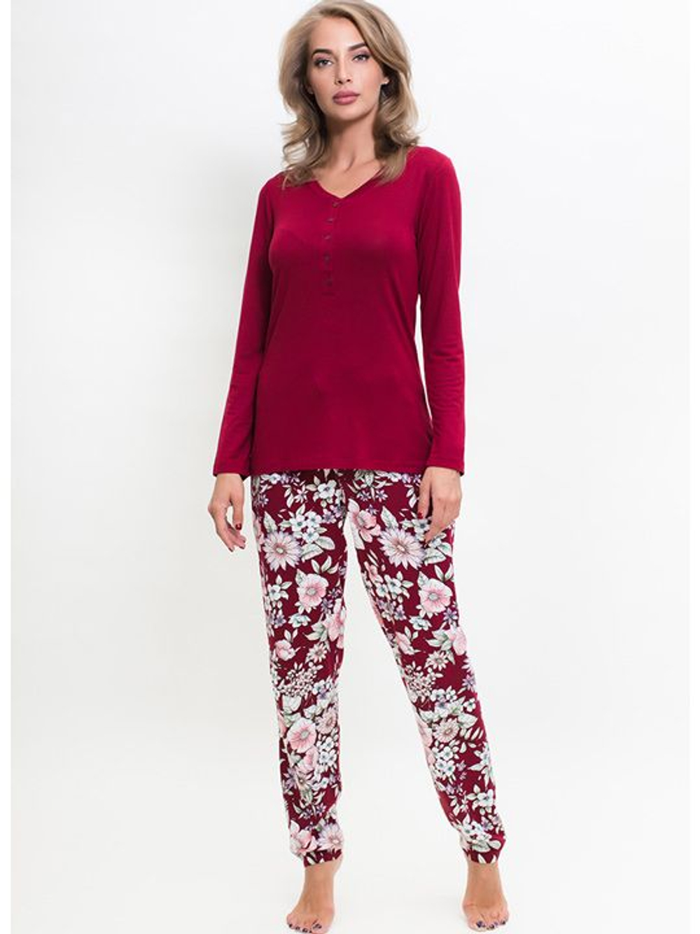 Домашний комплект с принтованными цветами брюками (Размер: M) (Цвет: бордовый)