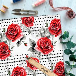 Ткань премиум сатин розы на черном горохе