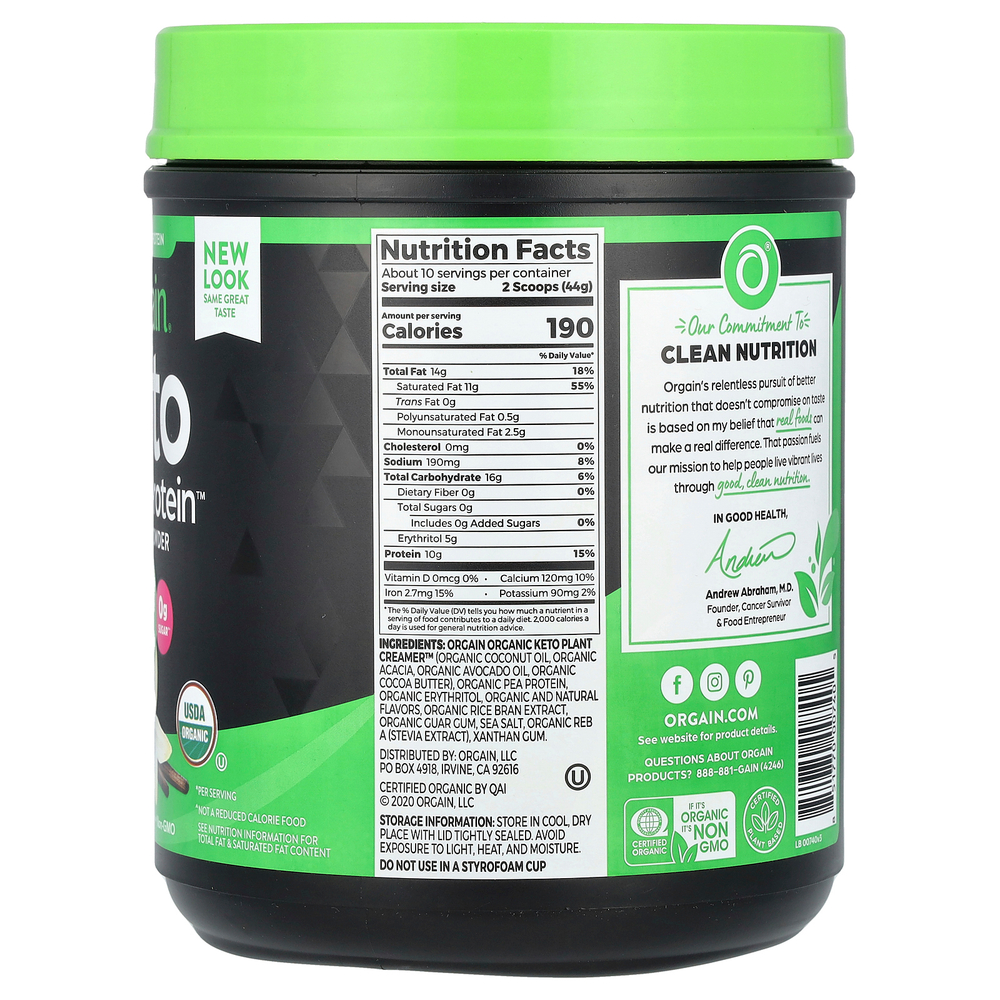 Orgain, Keto, Organic Plant Protein Powder, Vanilla, 0.97 lb (440 g)