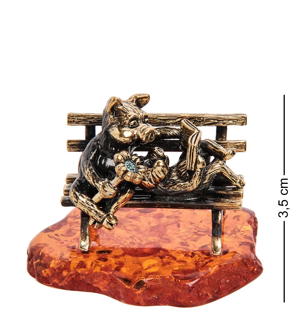 Народные промыслы AM-2960 Фигурка «Поросята с цветочком» (латунь, янтарь)